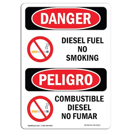 OSHA Danger Sign, Diesel Fuel No Smoking Bilingual, 7in X 5in Decal